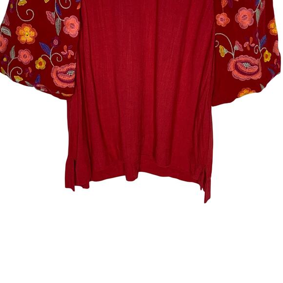 Umgee Linen Blend Top L NEW Embroidery Sleeves Crimson Red Floral Puff Sleeves - Picture 5 of 9